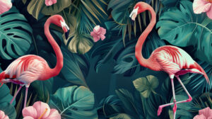 A vibrant wallpaper with flamingos and tropical leaves, set against a deep teal background for a bold and exotic look
