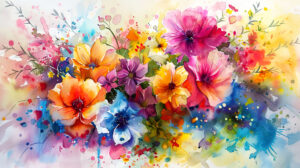 A vibrant watercolor painting of a floral bouquet, with splashes of bright colors and fluid brushstrokes conveying a sense of freshness and vitality