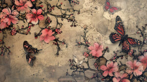 A vintage botanical print of pink butterflies and blossoms, with intricate details and a muted color palette