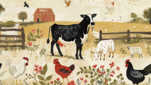 A vintage inspired illustration of farm animals like cows, chickens, and sheep, set against a backdrop of a rustic barnyard