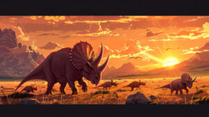 A vivid scene capturing a group of triceratops peacefully feeding in a wide grassy field framed by majestic mountains and a setting sun in the backdrop