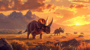 A vivid scene of a group of triceratops peacefully grazing in a vast plain framed by distant mountains and a setting sun in the backdrop