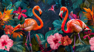 A vivid wallpaper featuring a collage of vibrant flamingos and tropical flowers crafting a lively and colorful tropical paradise scene