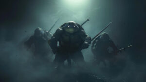 A wallpaper capturing the Ninja Turtles emerging mysteriously from the shadows their eyes glowing and weapons poised for action