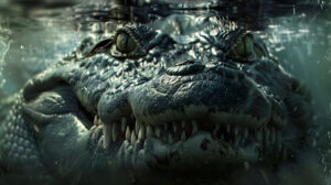 A wallpaper capturing the intense gaze and formidable teeth of a crocodile emerging from murky waters evoking a sense of peril and anticipation