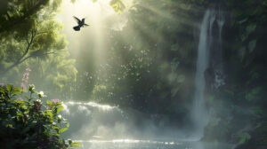 A wallpaper capturing the serene moment of a hummingbird gracefully hovering neaby a waterfall where mist and sunlight combine to create a magical ambiance