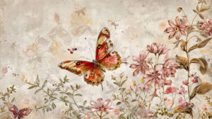 A wallpaper featuring a delicate vintage botanical design of pink butterflies and blossoms showcasing intricate details and a soft color scheme