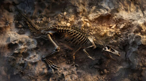 A wallpaper featuring a dinosaur skeleton fossil in rock highlighting the detailed intricacies of its bones in a creative artistic style