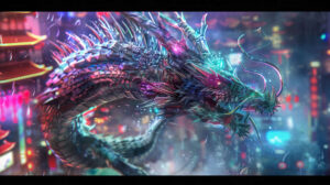 A wallpaper featuring a dragon from the future adorned with metallic scales and neon highlights set against a cyberpunk cityscape backdrop