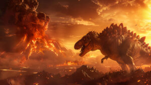 A wallpaper featuring a dramatic showdown between a T Rex and a stegosaurus amidst a volcanic eruption in the background is captivating