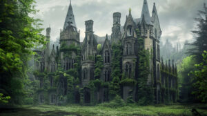A wallpaper featuring a gothic mansion entwined with ivy and adorned with towering spires set against a backdrop of a dense haunting forest