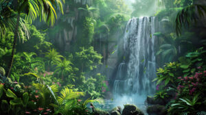 A wallpaper featuring a lush tropical jungle setting with vibrant green foliage exotic flowers and hidden waterfalls that evoke a feeling of adventure and mystery