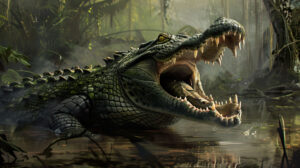 A wallpaper featuring a menacing crocodile displaying its powerful jaws sharp teeth and robust body in a swampy setting
