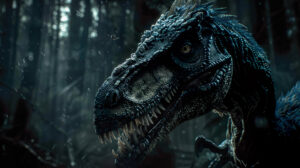 A wallpaper featuring a menacing velociraptor up close showcasing its razor sharp claws and teeth amid a shadowy enigmatic forest background