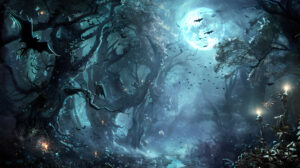 A wallpaper featuring a whimsical design of gothic fairies and bats fluttering amidst a dark enchanted forest