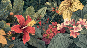 A wallpaper featuring intricate details and a rich color palette of tropical plants and flowers in a detailed botanical illustration
