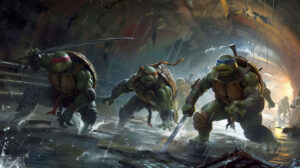 A wallpaper featuring the Ninja Turtles in a dynamic sewer setting armed and prepared for battle with weapons drawn