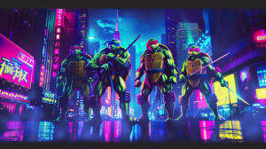 A wallpaper featuring the Ninja Turtles in their retro 80s cartoon style set against a neon cityscape background