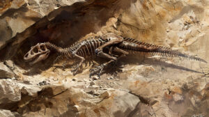 A wallpaper illustrating a dinosaur skeleton fossil preserved in rock highlighting its intricate bone details