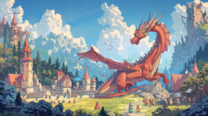 A wallpaper portraying a playful dragon engaging with knights and villagers within a fantastical setting is titled Dragons Playful Encounter