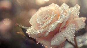 A wallpaper showcasing a blooming rose with dewdrops on its petals portrayed in soft muted tones to emphasize its inherent beauty