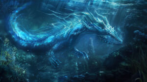A wallpaper showcasing a gracefully swimming underwater dragon adorned with bioluminescent scales in a deep sea setting