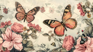 A wallpaper showcasing a vintage botanical print featuring pink butterflies and blossoms characterized by intricate details and a subtle color scheme