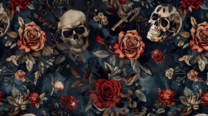 A wallpaper showcasing an abstract design with gothic crosses skulls and roses in dark muted colors is titled as gothic pattern.jpg