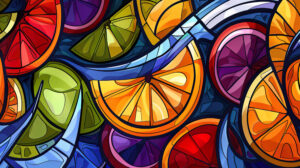 A wallpaper showcasing an intricate abstract design featuring overlapping slices of assorted fruits creating a vibrant mosaic effect