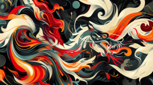 A wallpaper showcasing dragon themed abstract design with vibrant colors and lively lines suggesting motion