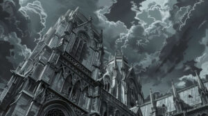 A wallpaper showcasing intricate Gothic architecture features like pointed arches gargoyles and flying buttresses against a dramatic stormy sky background