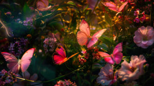 A wallpaper showcasing pink butterflies gracefully dancing in a blossoming garden filled with colorful flowers and abundant greenery
