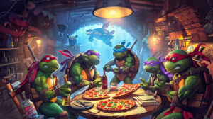 A wallpaper showcasing the Ninja Turtles having a pizza party in their underground hideout with a playful cartoon style