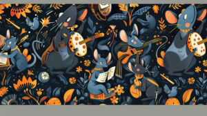 A wallpaper showcasing whimsical cartoon rats indulging in activities such as nibbling cheese reading books and playing instruments