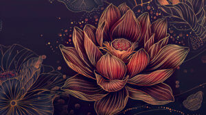 A wallpaper showing a beautifully detailed lotus flower with intricate linework displayed against a rich deep background to create a striking contrast