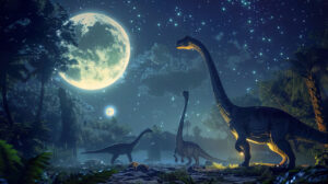 A wallpaper showing dinosaurs in a nighttime setting bathed in the glow of a full moon evoking a magical and mysterious atmosphere
