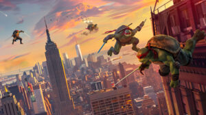 A wallpaper showing the Ninja Turtles leaping across New York City rooftops with the city skyline in the background is named dynamic Ninja Turtles rooftop jump.jpg
