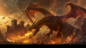 A wallpaper showing two dragons engaging in a fiery battle set against a medieval castle in the background