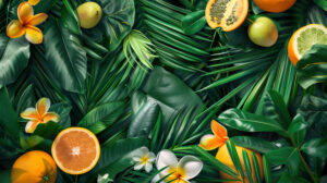 A wallpaper with a tropical theme showcasing fruits palm leaves and flowers scattered across creating a summer and vacation vibe