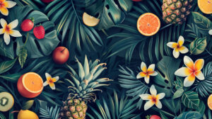 A wallpaper with a tropical theme showcasing various fruits mixed among palm leaves and flowers creating a summer and vacation ambiance