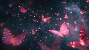 A whimsical arrangement featuring soft pink butterflies shimmering against a backdrop of dark starry skies capturing the essence of a magical night