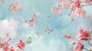 A whimsical design featuring pink butterflies and flowers against a light blue sky, evoking a sense of springtime joy