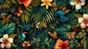 A whimsical design of tropical birds and butterflies amidst a jungle of colorful flowers and plants, creating a lively and cheerful atmosphere