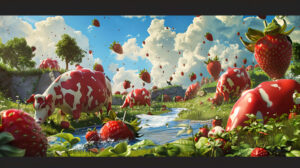 A whimsical fantasy wallpaper showcases multiple strawberry cows playing and interacting in a colorful landscape