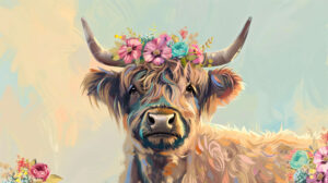 A whimsical illustration of a Highland cow wearing a floral crown, set against a pastel colored background for a charming and lighthearted look