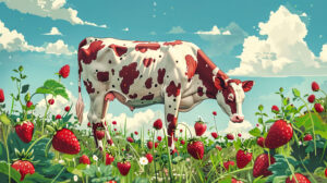A whimsical illustration of a cow with strawberry patterned fur grazing in a sunny meadow, with strawberry plants growing around