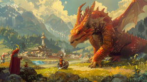 A whimsical illustration of a friendly dragon interacting with knights and villagers in a fantasy landscape