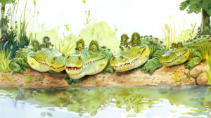 A whimsical illustration of a group of crocodiles lounging together on a riverbank, each with distinct, exaggerated features for a playful twist
