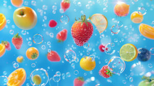 A whimsical illustration of fruits floating in a sea of bubbles, creating a fun and refreshing vibe