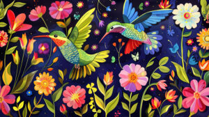 A whimsical illustration of hummingbirds darting among a garden of colorful blooms, creating a sense of energy and movement
